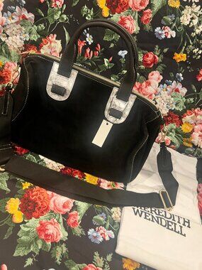 NWT Meredith Wendell Black Suede & Metallic Silver Leather Mini Duffel Satchel